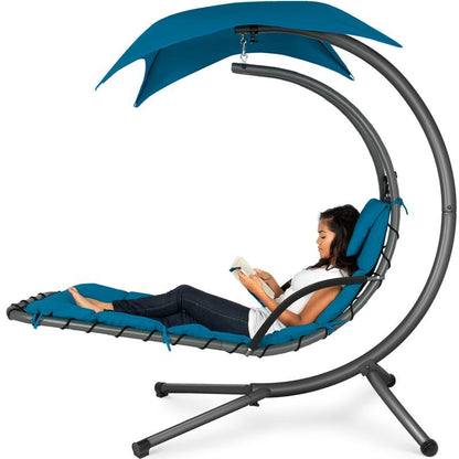 Y109 Outdoor Hanging Curved Steel Chaise Lounge Chair Swing W/Built-In Pillow and Removable Canopy