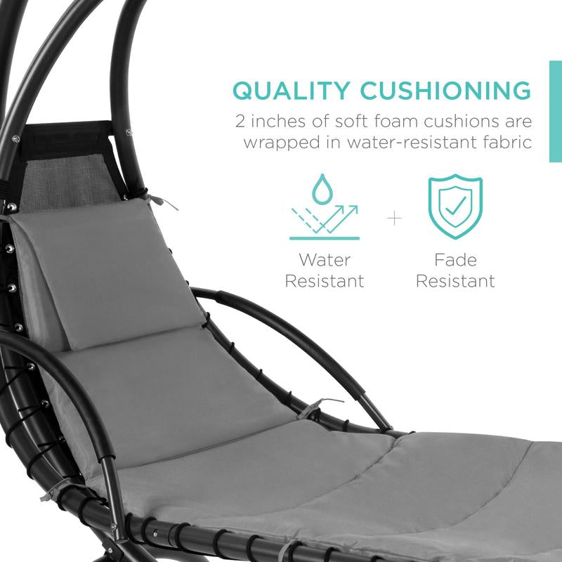 Y109 Outdoor Hanging Curved Steel Chaise Lounge Chair Swing W/Built-In Pillow and Removable Canopy
