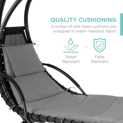 Y109 Outdoor Hanging Curved Steel Chaise Lounge Chair Swing W/Built-In Pillow and Removable Canopy