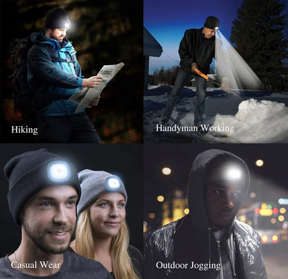 Unisex Beanie with Light Gifts for Men Dad Father Husband USB Rechargeable Hands Free LED Headlamp Cap Mens Gifts A-Black