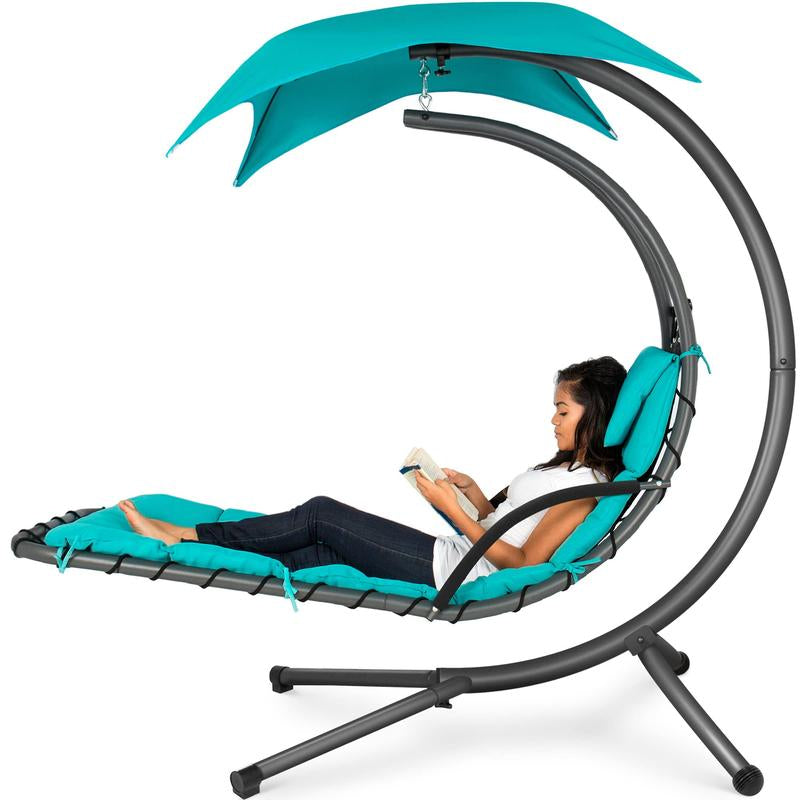 Y109 Outdoor Hanging Curved Steel Chaise Lounge Chair Swing W/Built-In Pillow and Removable Canopy
