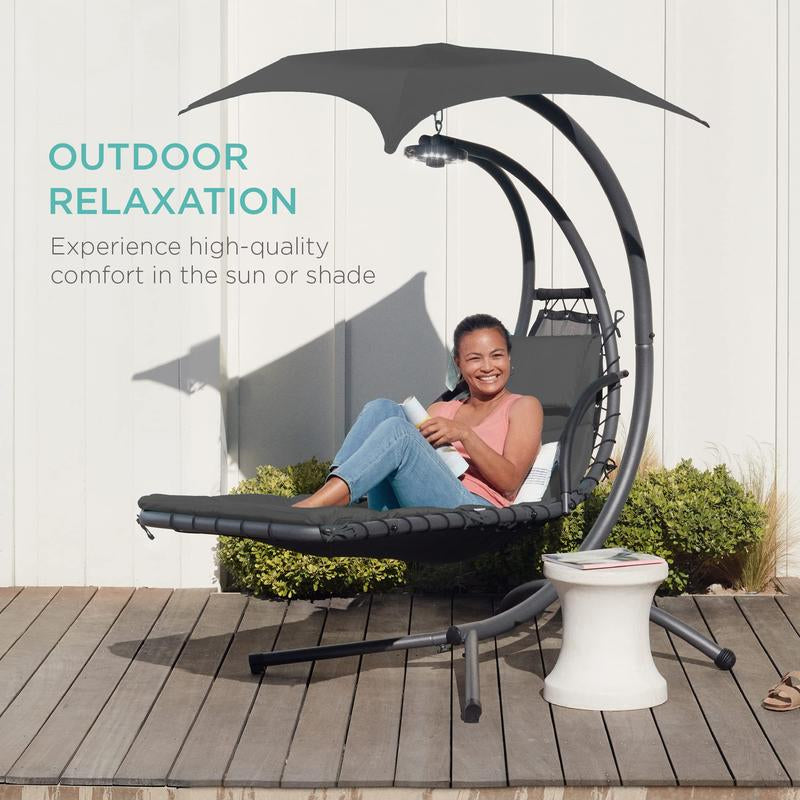 Y109 Outdoor Hanging Curved Steel Chaise Lounge Chair Swing W/Built-In Pillow and Removable Canopy