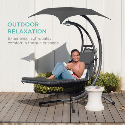 Y109 Outdoor Hanging Curved Steel Chaise Lounge Chair Swing W/Built-In Pillow and Removable Canopy