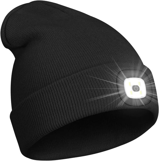 Unisex Beanie with Light Gifts for Men Dad Father Husband USB Rechargeable Hands Free LED Headlamp Cap Mens Gifts A-Black