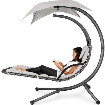 Y109 Outdoor Hanging Curved Steel Chaise Lounge Chair Swing W/Built-In Pillow and Removable Canopy