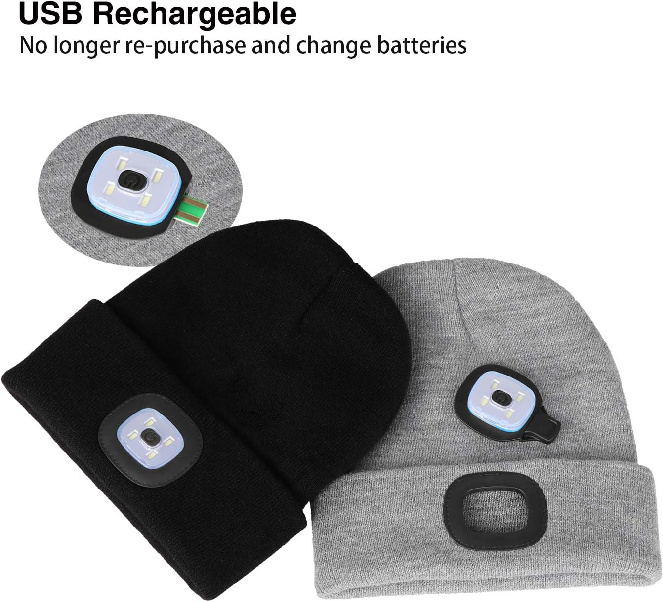 Unisex Beanie with Light Gifts for Men Dad Father Husband USB Rechargeable Hands Free LED Headlamp Cap Mens Gifts A-Black