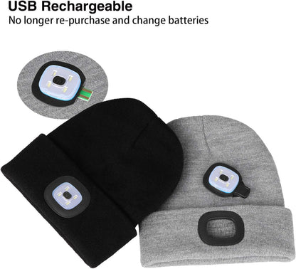 Unisex Beanie with Light Gifts for Men Dad Father Husband USB Rechargeable Hands Free LED Headlamp Cap Mens Gifts A-Black