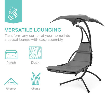 Y109 Outdoor Hanging Curved Steel Chaise Lounge Chair Swing W/Built-In Pillow and Removable Canopy