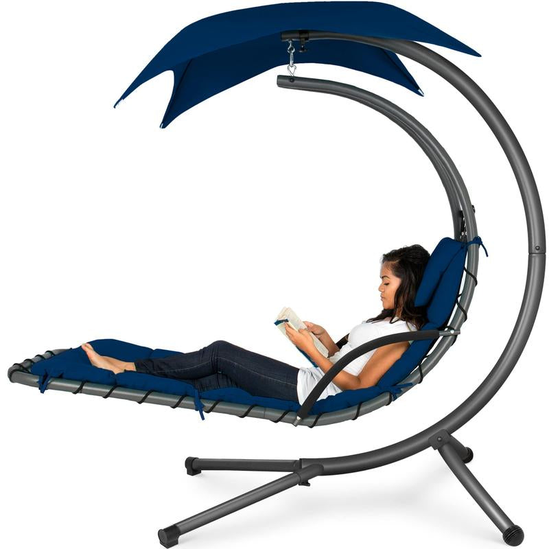 Y109 Outdoor Hanging Curved Steel Chaise Lounge Chair Swing W/Built-In Pillow and Removable Canopy