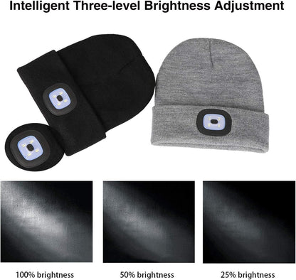 Unisex Beanie with Light Gifts for Men Dad Father Husband USB Rechargeable Hands Free LED Headlamp Cap Mens Gifts A-Black