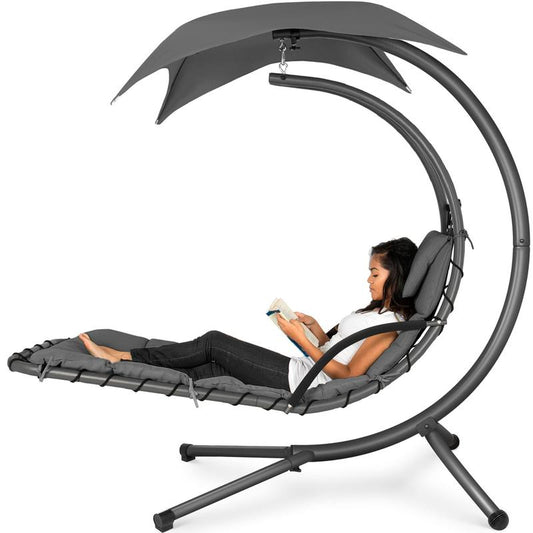 Y109 Outdoor Hanging Curved Steel Chaise Lounge Chair Swing W/Built-In Pillow and Removable Canopy