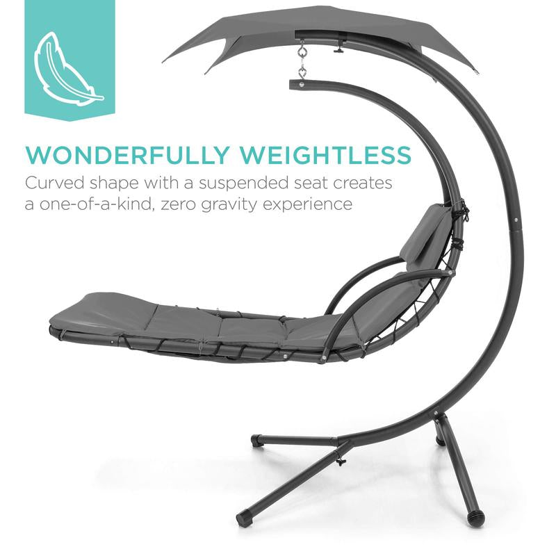 Y109 Outdoor Hanging Curved Steel Chaise Lounge Chair Swing W/Built-In Pillow and Removable Canopy