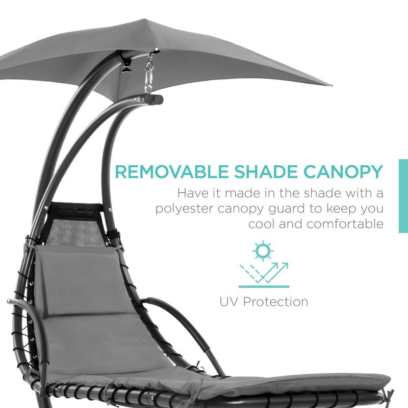 Y109 Outdoor Hanging Curved Steel Chaise Lounge Chair Swing W/Built-In Pillow and Removable Canopy