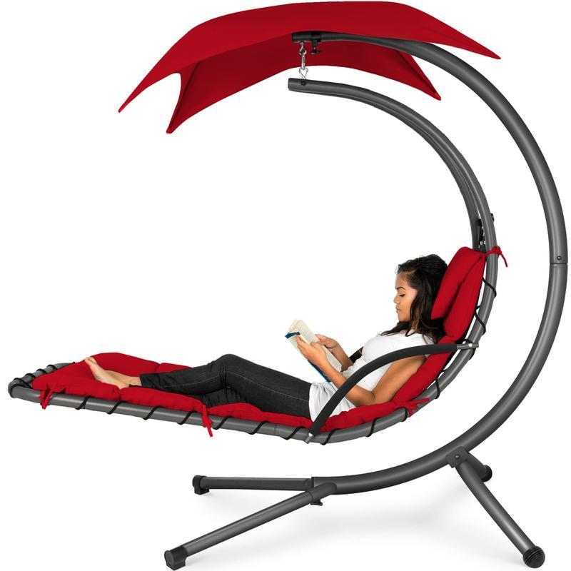 Y109 Outdoor Hanging Curved Steel Chaise Lounge Chair Swing W/Built-In Pillow and Removable Canopy